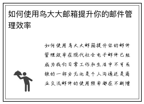 如何使用鸟大大邮箱提升你的邮件管理效率